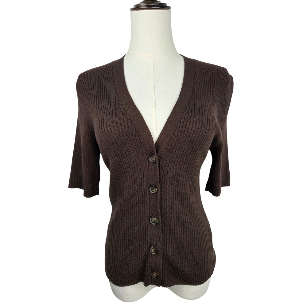 AYR The West End Cardigan L Brown Ribbed Short Sleeve Merino Wool Dark Academia